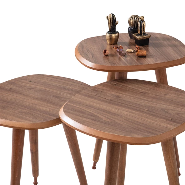 3'Lü Ahşap Yuvarlak Zigon Sehpa Ceviz Lüx Ayaklı B7 - 3