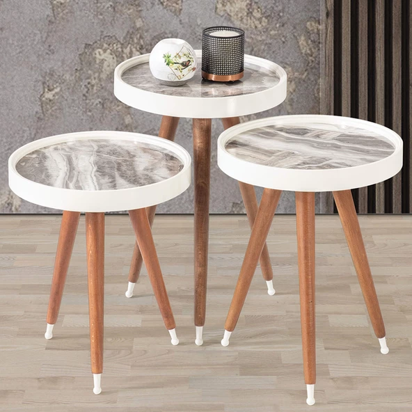 3'Lü Ahşap Yuvarlak Zigon Sehpa Bej Mermer Polen Lüx Ayaklı C7 - 2