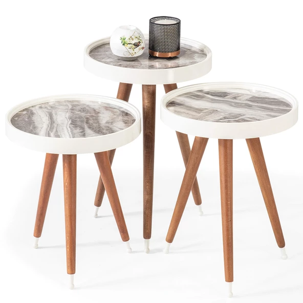 3'Lü Ahşap Yuvarlak Zigon Sehpa Bej Mermer Polen Lüx Ayaklı C7