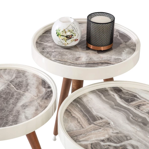 3'Lü Ahşap Yuvarlak Zigon Sehpa Bej Mermer Polen Lüx Ayaklı C7 - 3