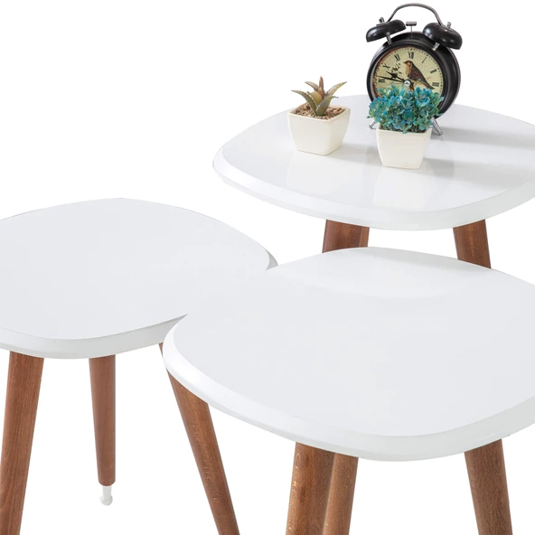 3'Lü Ahşap Yuvarlak Zigon Sehpa Beyaz Mermer Lüx Ayaklı B8 - 2