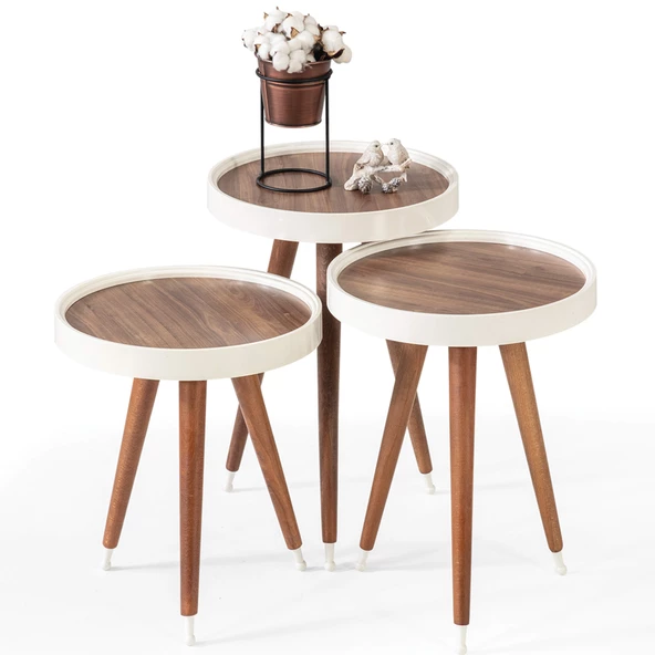 3'Lü Ahşap Yuvarlak Zigon Sehpa Ceviz Polen Lüx Ayaklı C8