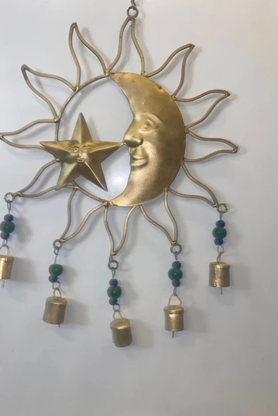 Deprem Zili Çanı Rüzgar Çanı Zili Feng Shui HaYat Ağacı Ay Yıldız Sembolü Komple 5 Metal Çanlı Bakır Büyük Boy Gold - Resim 3