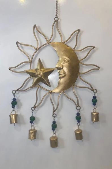 Deprem Zili Çanı Rüzgar Çanı Zili Feng Shui HaYat Ağacı Ay Yıldız Sembolü Komple 5 Metal Çanlı Bakır Büyük Boy Gold - Resim 2