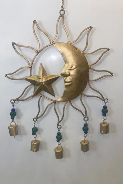 Deprem Zili Çanı Rüzgar Çanı Zili Feng Shui HaYat Ağacı Ay Yıldız Sembolü Komple 5 Metal Çanlı Bakır Büyük Boy Gold