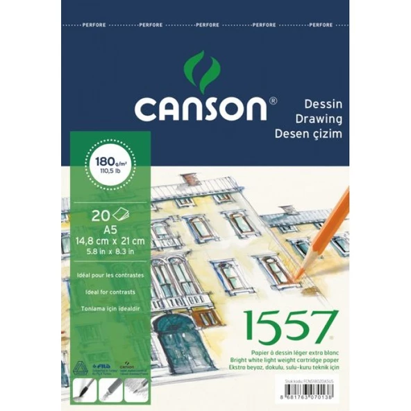 CANSON A5-180 GR 1557 DESEN ÇİZİM BLOK RESİM DEFTERİ SPİRALLİ 20 YP.