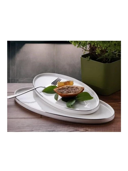 Gönül GNL3257 Silver Kenarlı Beyaz Porselen Kayık Tabak 2'li ürün görseli 1