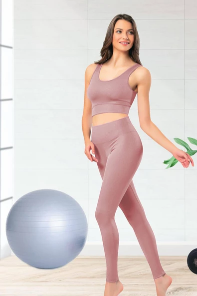 Esnek Fitilli Spor Tayt ve Geniş Askılı Pedli Büstiyer Takımı - Kadın Yüksek Bel Kombin - 2