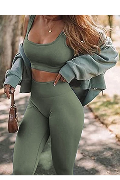 Esnek Fitilli Spor Tayt ve Geniş Askılı Pedli Büstiyer Takımı - Kadın Yüksek Bel Kombin - 11