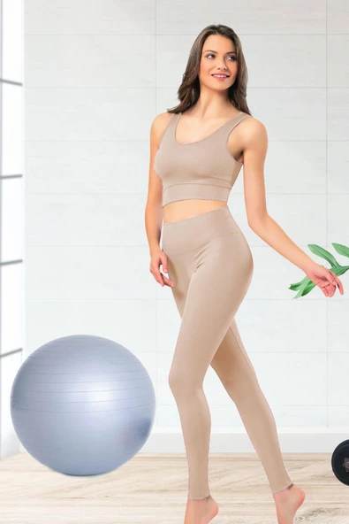 Esnek Fitilli Spor Tayt ve Geniş Askılı Pedli Büstiyer Takımı - Kadın Yüksek Bel Kombin - 5