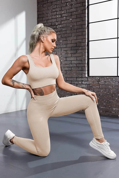 Esnek Fitilli Spor Tayt ve Geniş Askılı Pedli Büstiyer Takımı - Kadın Yüksek Bel Kombin - 9