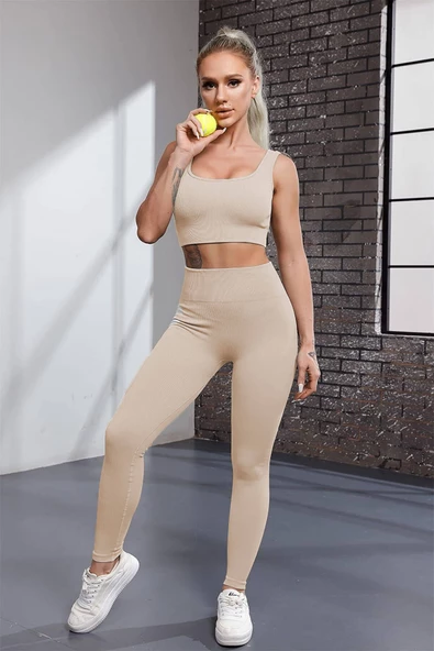 Esnek Fitilli Spor Tayt ve Geniş Askılı Pedli Büstiyer Takımı - Kadın Yüksek Bel Kombin - 8