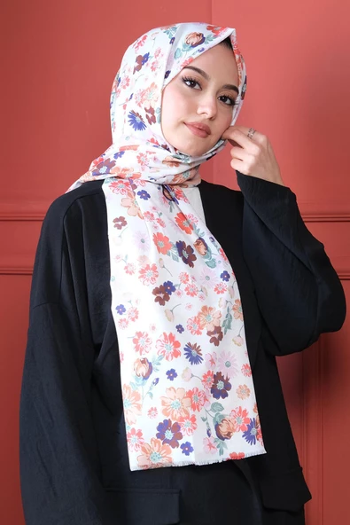 Afvente Çiçek Desen Beyaz Pamuk Şal - Resim 3