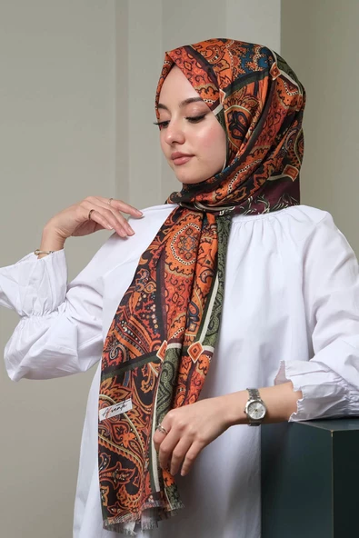 Afvente Paisley Desen Kahverengi Pamuk Şal - 2