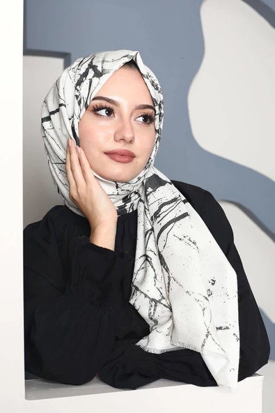 Afvente Mermer Desen Beyaz Pamuk Şal - Resim 2