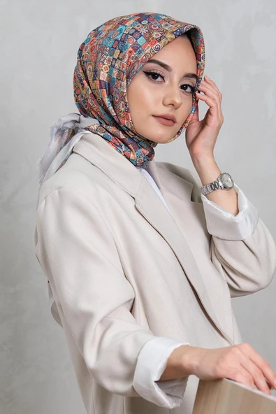 Afvente Geometrik Desen Mavi Pamuk Eşarp - Resim 2