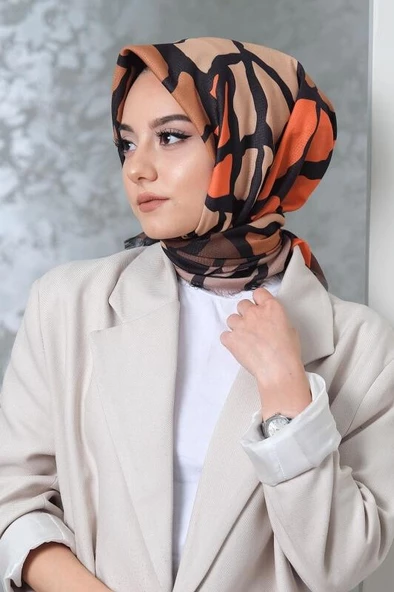 Afvente Dallı Desen Turuncu Pamuk Eşarp - Resim 4