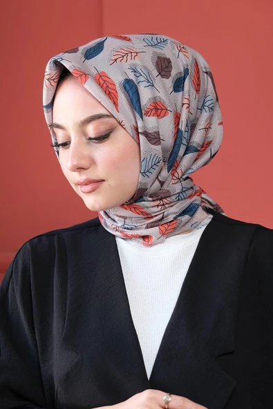 Afvente Yaprak Desen Açık-Gri Pamuk Eşarp - Resim 3