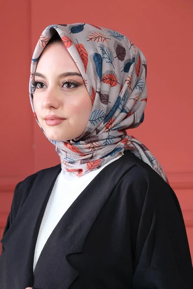 Afvente Yaprak Desen Açık-Gri Pamuk Eşarp - Resim 4