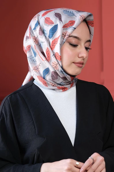 Afvente Yaprak Desen Açık-Gri Pamuk Eşarp - Resim 2