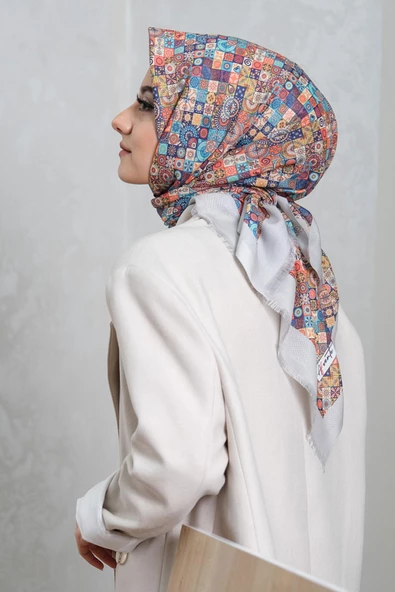 Afvente Geometrik Desen Mavi Pamuk Eşarp - Resim 3