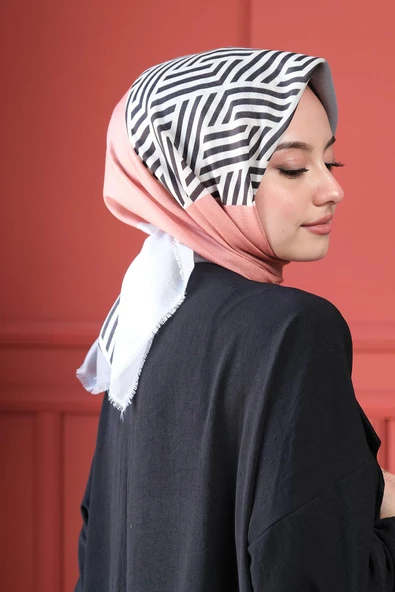 Afvente Geometrik Desen Gri - Somon Pamuk Eşarp - Resim 2