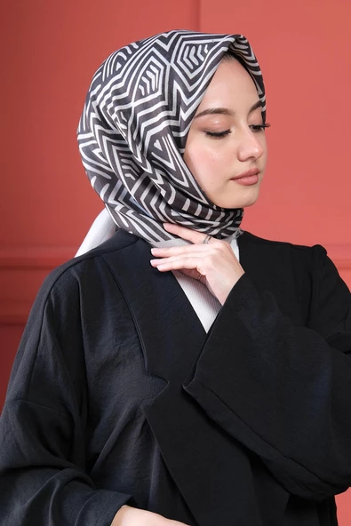 Afvente Geometrik Desen Siyah Pamuk Eşarp - Resim 4