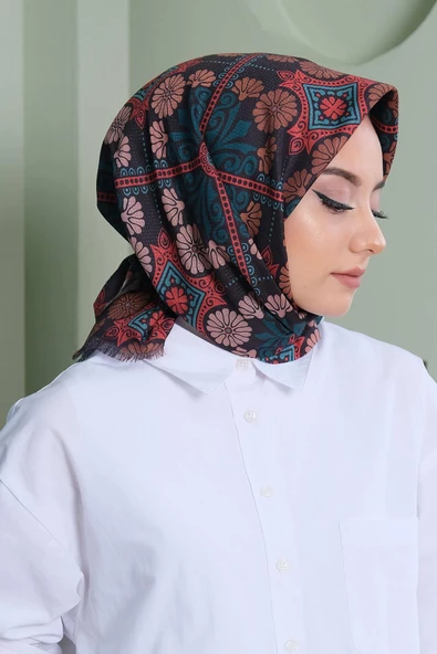 Afvente Çiçek Desen Turkuaz Pamuk Eşarp - Resim 3