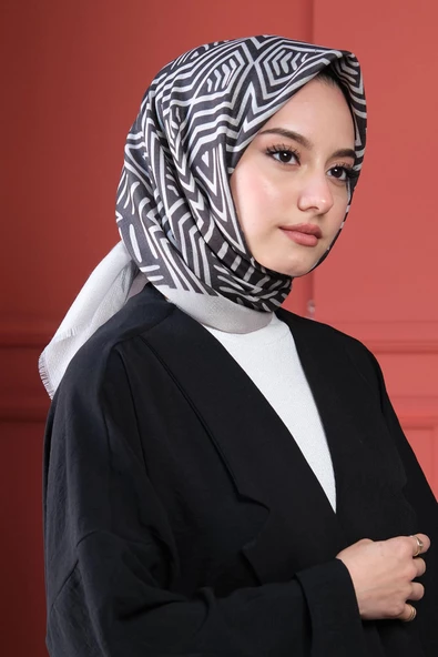 Afvente Geometrik Desen Siyah Pamuk Eşarp - Resim 3