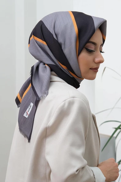 Afvente Çizgili Desen Gri Pamuk Eşarp - Resim 3