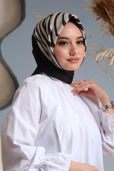 Afvente Geometrik Desen Siyah - Beyaz Pamuk Eşarp