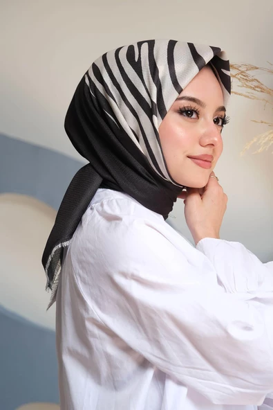 Afvente Geometrik Desen Siyah - Beyaz Pamuk Eşarp - Resim 3