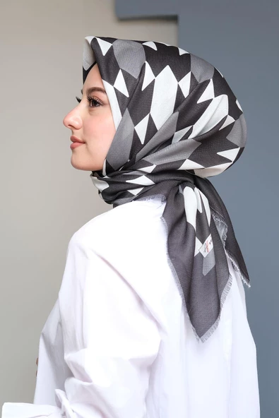 Afvente Geometrik Desen Siyah - Beyaz Pamuk Eşarp - Resim 2