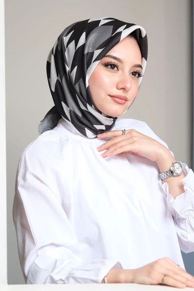 Afvente Geometrik Desen Siyah - Beyaz Pamuk Eşarp ürün görseli 1