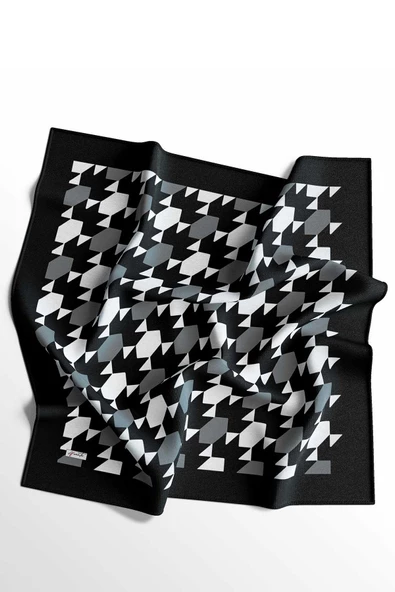 Afvente Geometrik Desen Siyah - Beyaz Pamuk Eşarp - Resim 4
