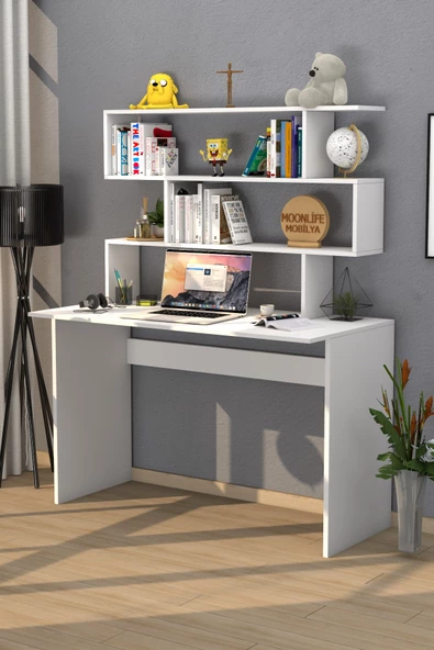 Moonlife Kaya Kitaplıklı Çalışma Masası Beyaz - 5
