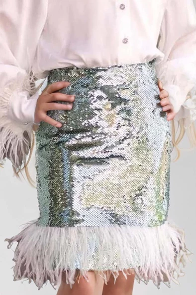 Kız Çocuk Kol Uçları ve Etek Uçu Kırçıllı Pulpaytet Detaylı Su Yeşil Etekli Takım - Resim 3