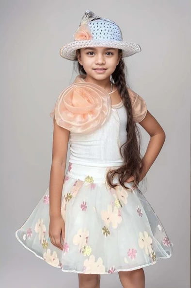 Kız Çocuk Tek Omuzlu Gül Detaylı Bluz ve Jakar Desenli Somon Etekli Takım ürün görseli