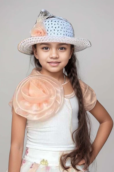 Kız Çocuk Tek Omuzlu Gül Detaylı Bluz ve Jakar Desenli Somon Etekli Takım - Resim 2