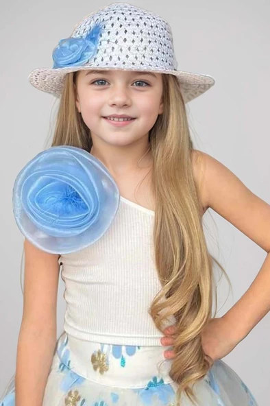 Kız Çocuk Tek Omuzlu Gül Detaylı Bluz ve Jakar Desenli Mavi Etekli Takım - Resim 3