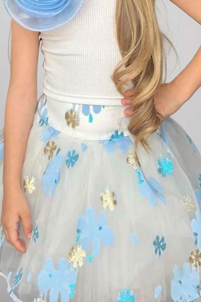 Kız Çocuk Tek Omuzlu Gül Detaylı Bluz ve Jakar Desenli Mavi Etekli Takım - Resim 4