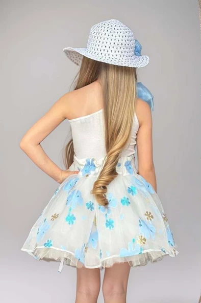 Kız Çocuk Tek Omuzlu Gül Detaylı Bluz ve Jakar Desenli Mavi Etekli Takım - Resim 2