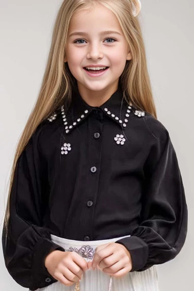 Kız Çocuk Yakası ve Göğsü Taş İşlemeli Siyah Gömlek ve Piliseli Beyaz Etekli Takım - 2
