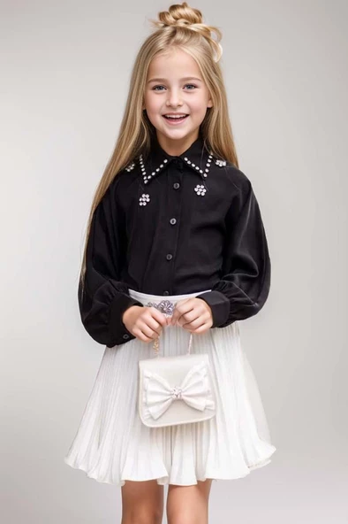 Kız Çocuk Yakası ve Göğsü Taş İşlemeli Siyah Gömlek ve Piliseli Beyaz Etekli Takım