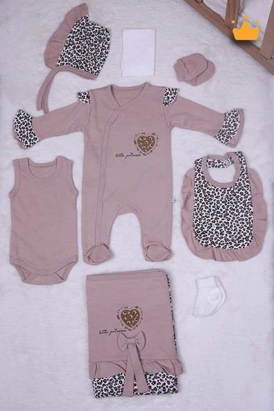 Babyhola Leopar Desen Kız Bebek Yenidoğan 8'li Tulum Seti 0-3 Ay Hediyelik Hastane Çıkışı 5016