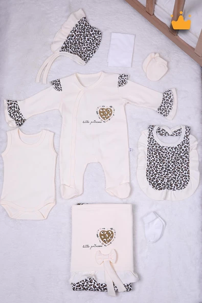 Babyhola Leopar Desen Kız Bebek Yenidoğan 8'li Tulum Seti 0-3 Ay Hediyelik Hastane Çıkışı 5016 - 2