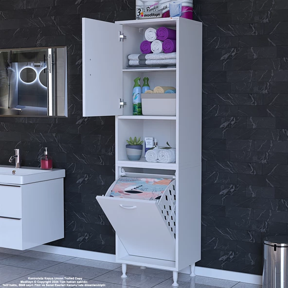 Modilayn SÖKE  ŞİLE 45 x 160 x 32,5 cm 3 Raflı 1 Kapaklı Kirli Çamaşır Bölmeli Banyo Dolabı - Resim 2