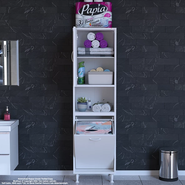 Modilayn SÖKE  ŞİLE 45 x 160 x 32,5 cm 3 Raflı 1 Kapaklı Kirli Çamaşır Bölmeli Banyo Dolabı - Resim 3