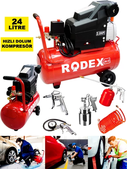 Germany Style Rodex 24 litre Pistonlu Yağlı Hava Kompresörü 2 Hp 5 Parça Havalı Setli