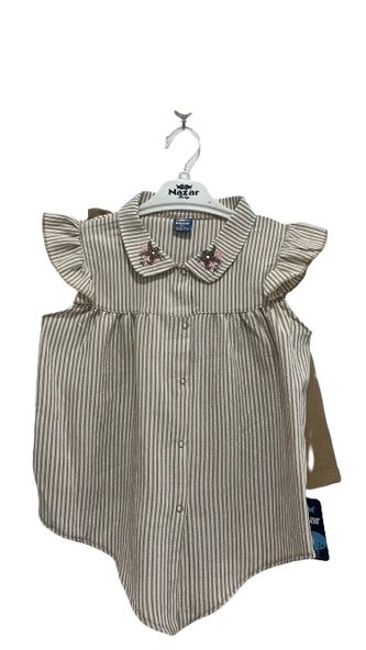 uğurböceğiçocuk 2'li Kız Takım Çizgili Gömlek Şort Takım 24279 - 9